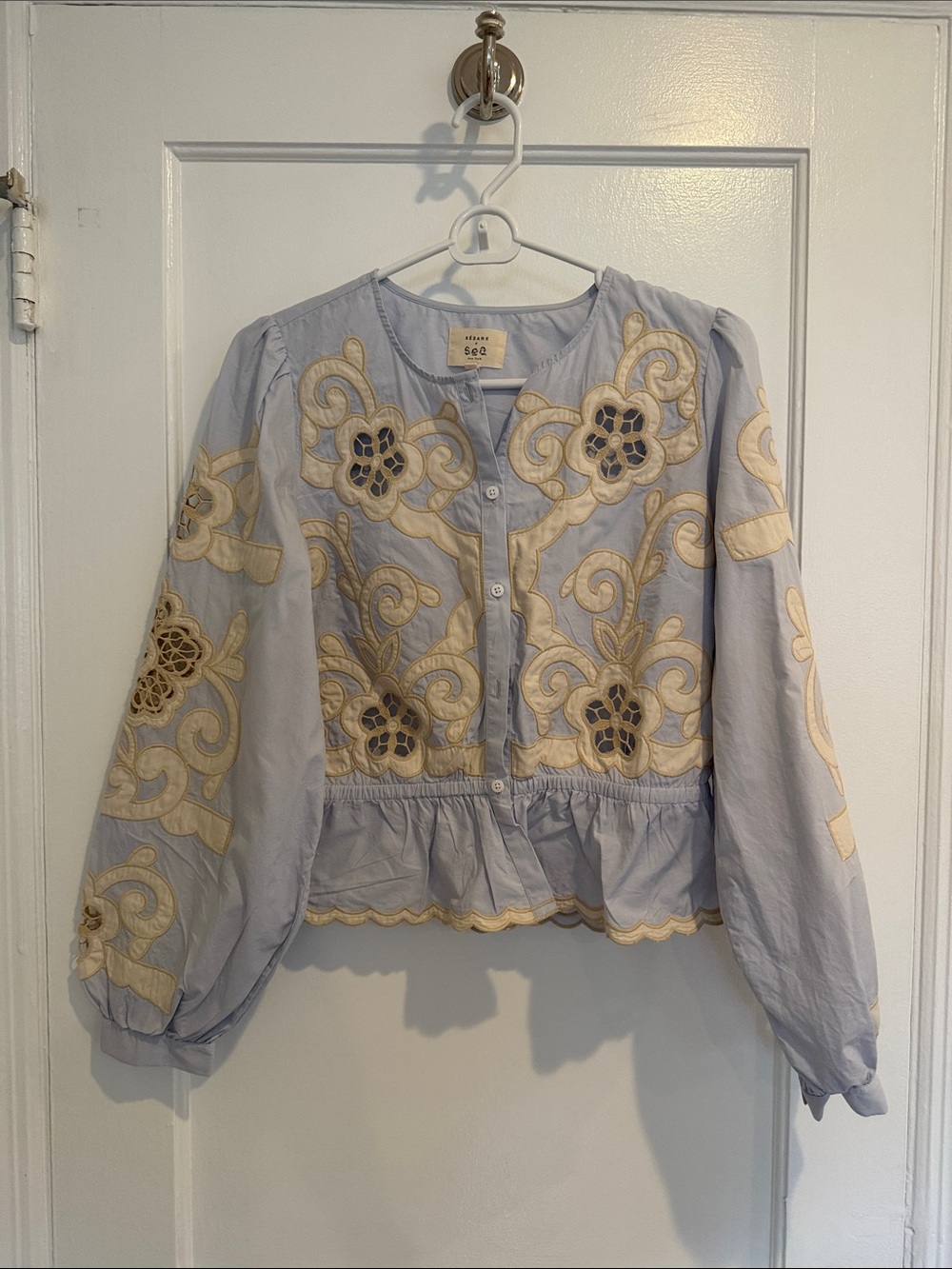 Sezane & Sea New York Peplum Button-Front Blouse, Light Blue & Cream